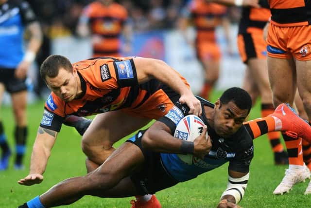 Hull's Ratu Naulago goes in for his first try, (PIC: Jonathan Gawthorpe)