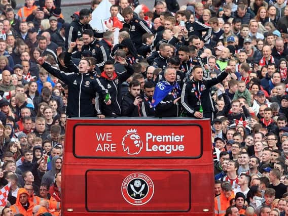 The Sheffield United players and manager Chris Wilder wave to the fans during the promotion parade in Sheffield City Centre following their promotion to the Premier League. Picture by Danny Lawson/PA Wire.