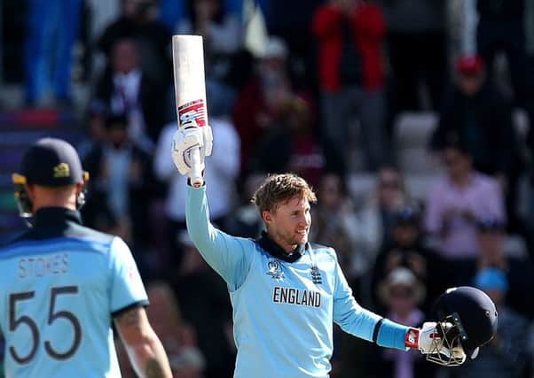 England's Joe Root celebrates reaching a century in the World Cup group stage win over the West Indies at the Hampshire Bowl, Southampton (Picture: Steven Paston/PA Wire).