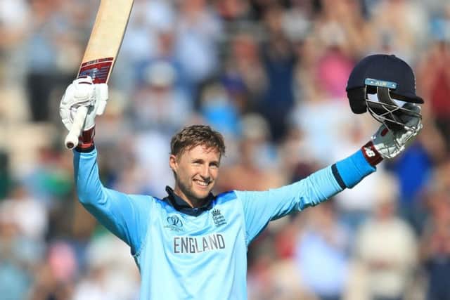 England's Joe Root celebrates his hundred against West Indies. Picture: Adam Davy/PA