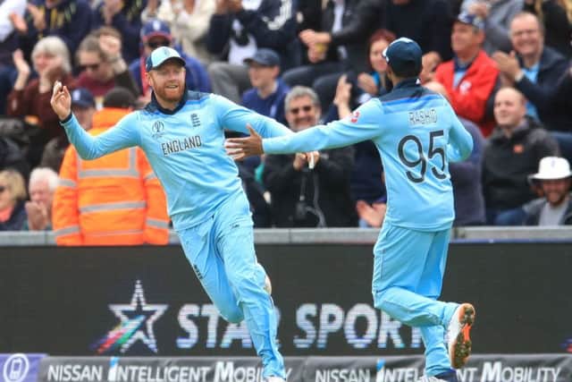 England's Jonny Bairstow (left) celebrates catching out West Indies' Chris Gayle on the deep square leg boundary at Southampton. Picture: Adam Davy/PA