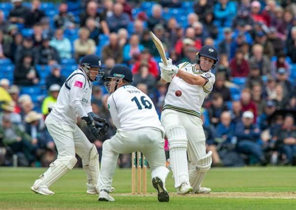 Gary Ballance pulls a delivery from Jeetan Patel through mid-wicket at Clifton Park, York.
 Picture: Bruce Rollinson
