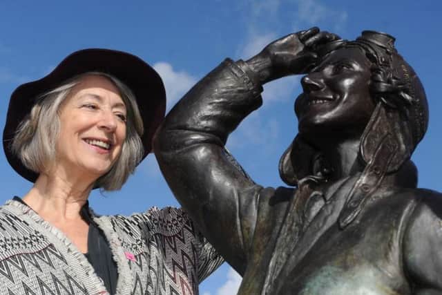 Maureen in a visit to her home city in 2017 to unveil a statue of the aviatrix Amy Johnson