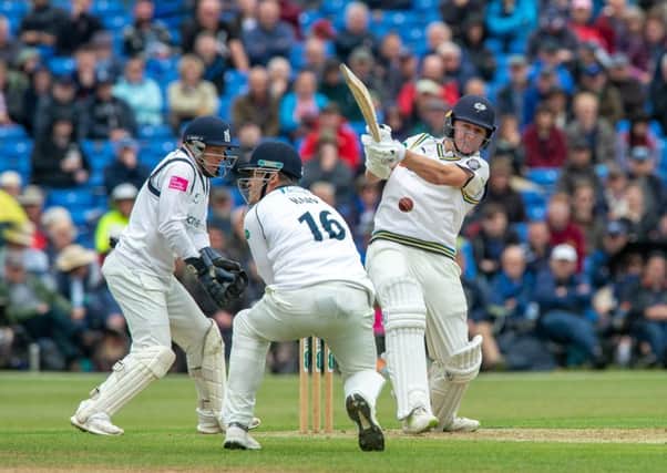Gary Ballance hits a delivery from Jeetan Patel. at York CC. (Picture: Bruce Rollinson)