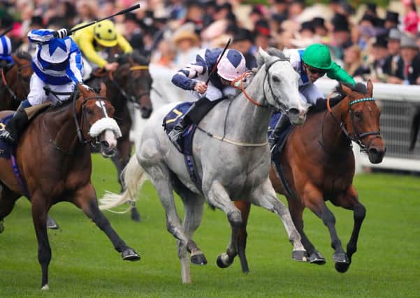 The grey Lord Glitters bursts clear to win the Queen Anne Stakes at Royal Ascot for trainer David O'Meara and jockey Danny Tudhope.
