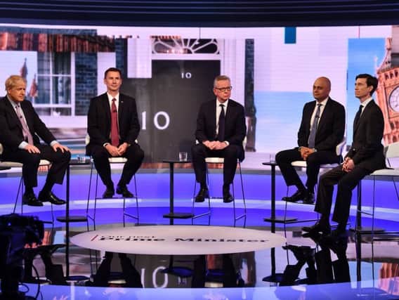 Boris Johnson, Jeremy Hunt, Michael Gove, Sajid Javid and Rory Stewart during the BBC TV debate featuring the contestants for the leadership of the Conservative Party (Jeff Overs / BBC).