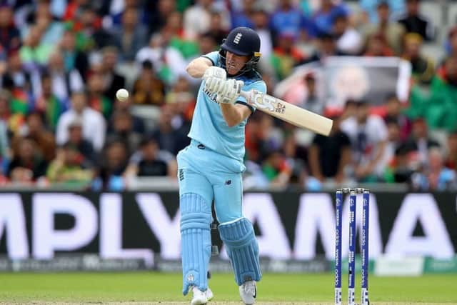 England's Eoin Morgan pulls another six to the legside boundary at Old Trafford. Picture: Tim Goode/PA