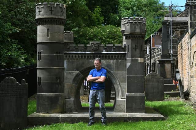 Filmmaker Mark Currie at the memorial to the railway navvies killed during the construction of the Bramhope Tunnel, in the grounds of Otley Parish Church.

Picture by Jonathan Gawthorpe