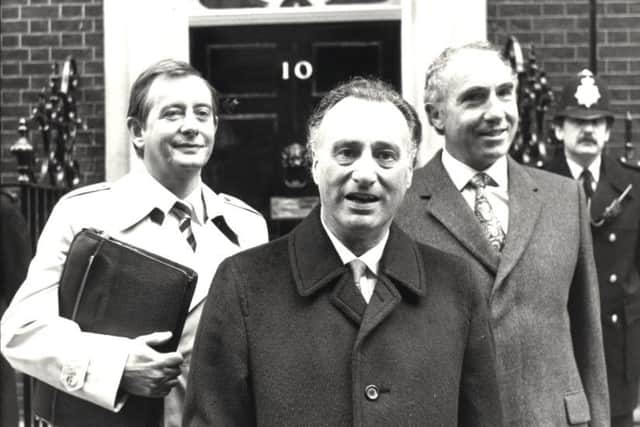 Nigel Hawthorne (right), Paul Eddington (centre) and Derek Fowlds in the BBC's Yes, Minister.