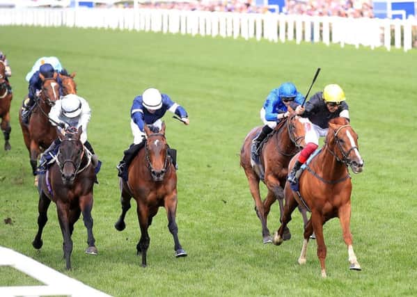 Stradivarius and Frankie Dettori (right) just got the better of the Silvestre de Sousa-ridden Dee Ex Bee (left) in the Ascot Gold Cup.