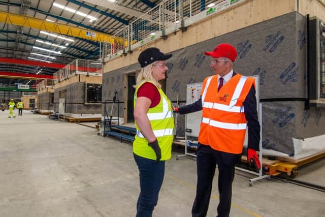 Date: 21th June 2019.
Picture James Hardisty.
The Rt Hon David Lidington CBE MP, Minister for the Cabinet Office, visiting Legal & General Modular Homes, Hurricane Close, Sherburn in Elmet, pictured walking round the factory with Rosie Toogood, CEO of Legal & General Modular Homes.