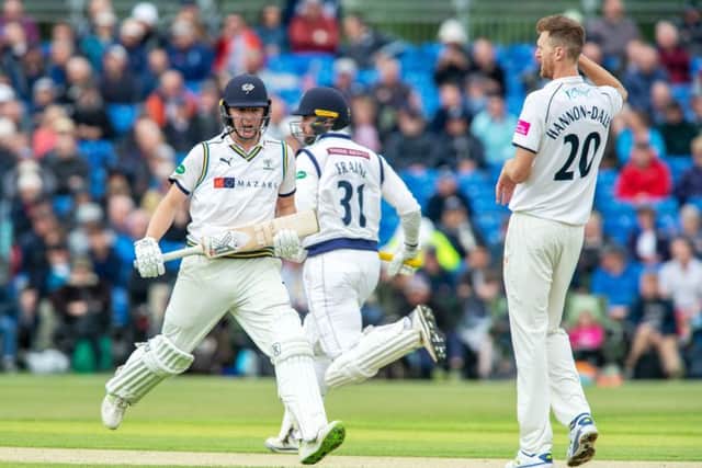Gary Ballance and Will Fraine run between the wickets during Yorkshire's clash against Warwickshire at Clifton Park earlier this week.
 Picture: Bruce Rollinson