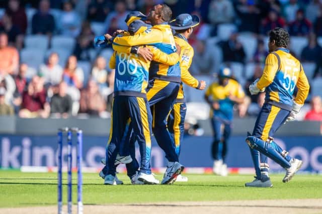 MAGIC MOMENT: Sri Lanka's  celebrate after defeating England in the ICC World Cup match at Emerald Headingley. Picture by Allan McKenzie/SWpix.com