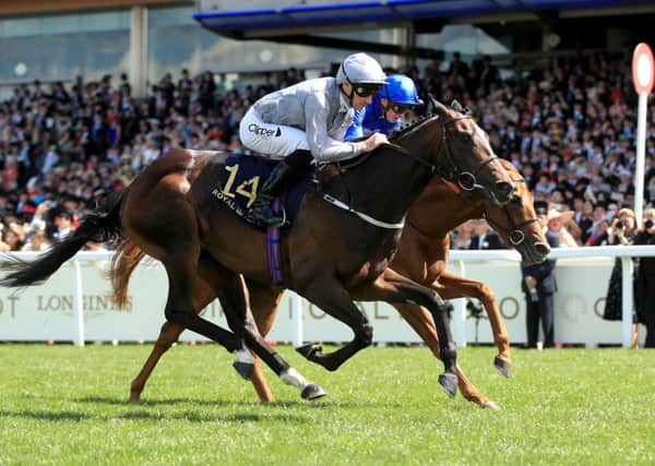Another triumph: Danny Tudhope recorded his fourth winner of the week at Royal Ascot when Space Traveller (grey colours) landed the Jersey Stakes.