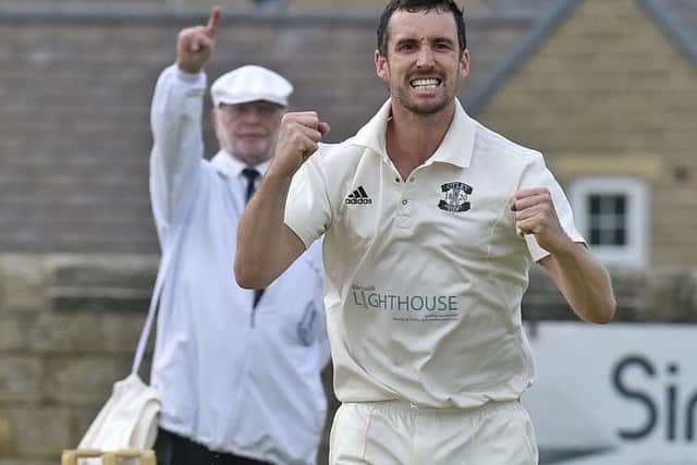 Got him: Otley's
James Davies celebrates trapping Collingham's Toby Jacklin for a duck on his way to taking the first three wickets in a 141-run win forthe Aire-Wharfe leaders.