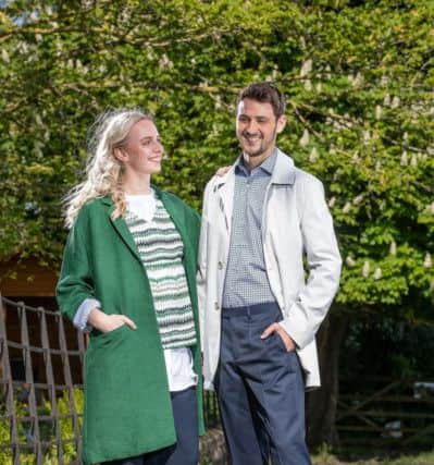 Masai green tura coat £165; Daphne long sleeved top £82; Ibiza blouse £130; navy papina mixed waist culotte trousers £94. Left: Remus Daryl overcoat in stone £165; Guide London blue shirt £80; Remus Lucian trousers in navy blue £92. Charlotte Graham

Pictures Shows for the Great Yorkshire Show