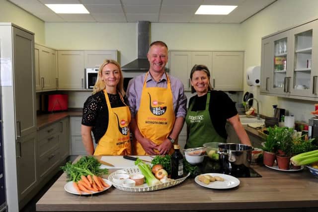 Big Broth winner Richard Norman, at Yorkshire Provender, Leeming Bar, Pictured with Faye Edmondson (left) Head of Corporate and Regional Fundraising Centrepoint and Nadine Maggi the MD for Yorkshire Provender.Picture by Simon Hulme