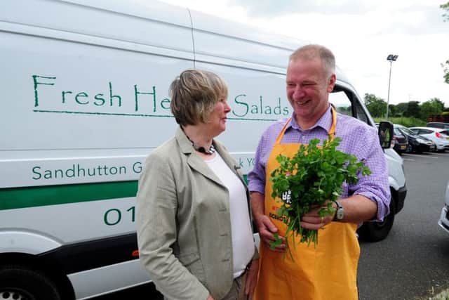Big Broth winner Richard Norman, at Yorkshire Provender, Leeming Bar pictured with Alison Dodd from Herbs Unlimited who supplies the fresh herbs for the soups. Picture by Simon Hulme