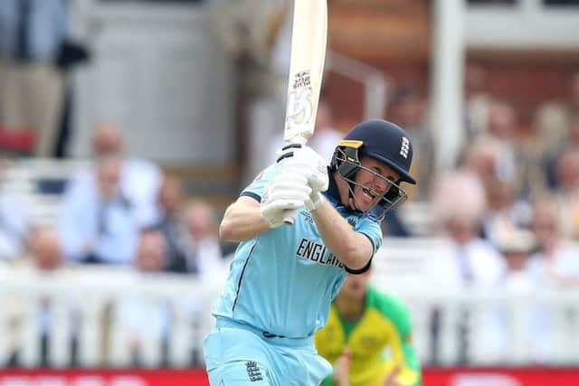 England's Eoin Morgan hits a four during his brief stay at the crease on a dismal day against Australia at Lord's. Picture: Tim Goode/PA