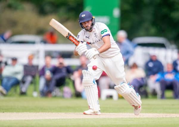 On home turf: Yorkshire's Jack Leaning hits out on his way to a half-century against Warwickshire at his home York CC.