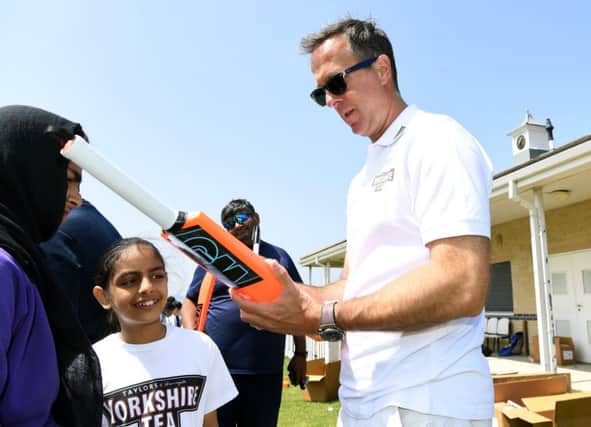 Michael Vaughan at the Karmand Community Centre in Bradford, with hundreds of children from different schools across Yorkshire.