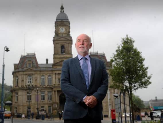 Eric Firth, former Mayor of Kirklees and Dewsbury Labour stalwart, who lost his seat by 71 votes in the May 2019 local elections to an independent candidate, pictured in front of Dewsbury Town Hall. June 2019.