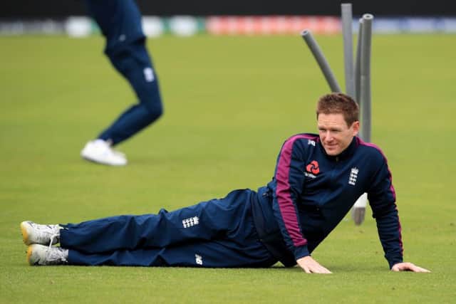 England's Eoin Morgan stretches during the nets session at Riverside Durham. Picture: Owen Humphreys/PA
