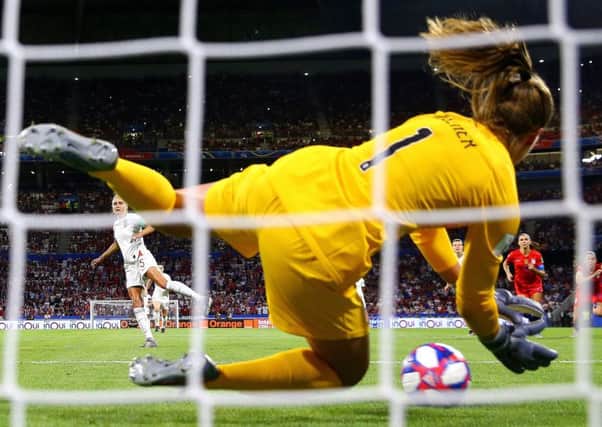 NOT TO BE: USA Goalkeeper Alyssa Naeher saves a penalty from Englands Steph Houghton in last nights World Cup semi-final at Stade de Lyon. Picture: Richard Heathcote/Getty Images