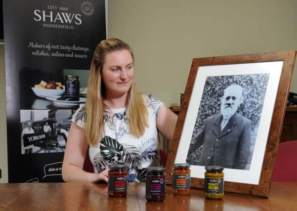 25 June 2019......   Trainee graduate Annie Shaw, the sixth generation at family business Shaws in Huddersfield, a company set up by George Shaw, pictured, in 1889 now making chutneys and relishes. Picture Tony Johnson.