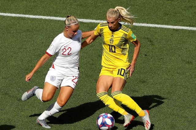 NICE, FRANCE - JULY 06: Beth Mead of England battles for possession with Sofia Jakobsson of Sweden during the 2019 FIFA Women's World Cup France 3rd Place Match match between England and Sweden at Stade de Nice on July 06, 2019 in Nice, France. (Photo by Robert Cianflone/Getty Images)