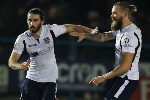 Swedish test: Guiseley's Alex Purver, left.
