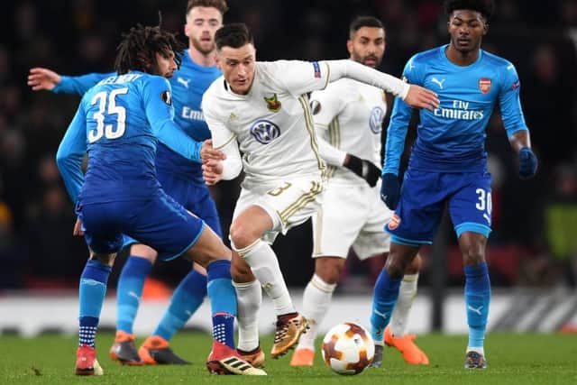 Swedish club Ostersunds FK, who with the help of York-born Jamie Hopcutt, inset, caused a huge upset when they defeated Arsenal in the UEFA Europa League at the Emirates Stadium in February last year. (Picture: Michael Regan/Getty Images)
