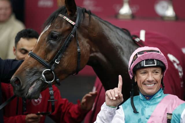 Frnakie Dettori after Enable's second Arc win last October - she will attempt a record third win this October if all goes to plan according to connections.