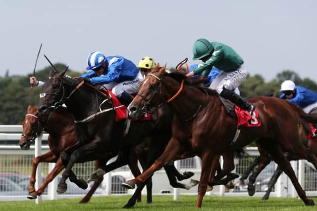Elarqam ridden by Jim Crowley (centre) on their way to victory at Sandown for Middleham trainer Mark Johnston.