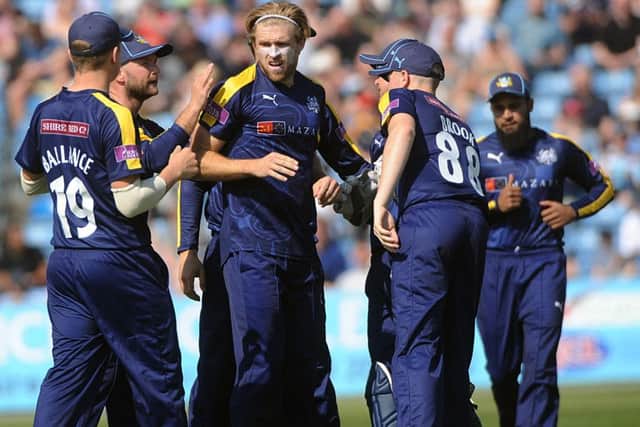 David Willey celebrates with his Yorkshire Vikings team-mates in one-day cricket (Picture: SWPix.com)