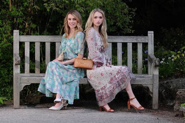 Elisha wears green fan sleeved 1970s dress by Peter Barron, £75. Charlie wears: Late 1960s/early 1970s floral patterned dress with lace-up front, £75; 1950s/'60s wicker clutch bag with later added chain, £55.
 All at Clothes and accessories: Catherine Smith Vintage Fashion. Picture: Simon Hulme Styling: Stephanie Smith at Harlow Carr Gardens, Harrogate.