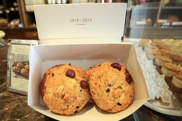 Bettys Craft Bakery, Harrogate. Following the life of a Fat Rascal from the bakery to Bettys Cafe Tea Rooms in Harrogate. Fat Rascal at the Cafe Tea Rooms. Picture: Chris Etchells