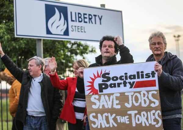 Protesters outside British Steel's Scunthorpe plant after the firm collapsed.