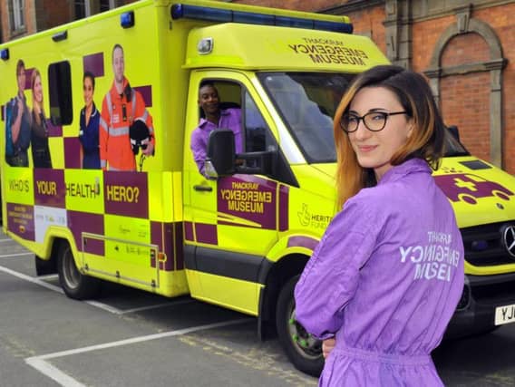 NLYP Ambulance.Leah Dungay a Learning officer for the Thackray museum with Andrew Pyke-Condor the driver of the Thackray Emergency Museum ambulance . pictured at St James Hospital in Leeds.