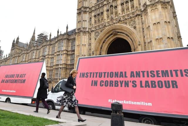 Part of the convoy of billboards that passed the Houses of Parliament recently to express disquiet over Jeremy Corbyn's approach towards anti-Semitism.