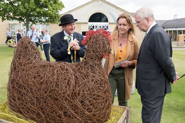 Prince Andrew chatting to sculptress Emma Stothard and Show Director Charles Mills at the Great Yorks Show.
