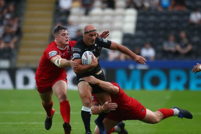 Hull FC captain Danny Houghton on the attack against London Broncos. (PIC: HULL FC)