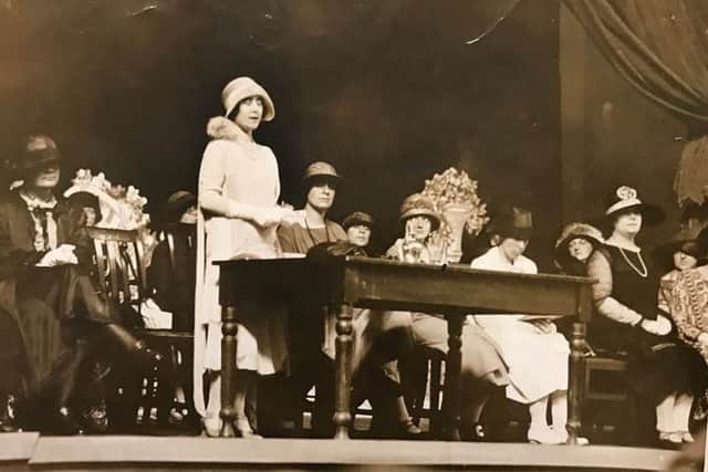 Duchess of York (Elizabeth Bowes-Lyon, the late Queen Mother) opening the first International Conference in Science, Commerce and Industry in 1925  an event hosted by the Womens Engineering Society in Wembley, London. Picture courtesy of the University of Leeds.