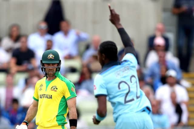 Australia's Glenn Maxwell appears dejected as England's Jofra Archer celebrates taking his wicket in the World Cup semi-final at Edgbaston (Picture: Nick Potts/PA Wire)