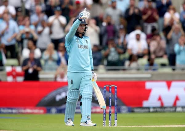 England's Jason Roy celebrates getting 50 runs during the ICC World Cup, Semi Final at Edgbaston, Birmingham (Picture: Nick Potts/PA Wire)