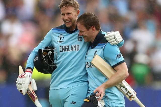 England's Joe Root (left) and Eoin Morgan celebrate victory against Australia in the ICC World Cup, Semi Final at Edgbaston (Picture: Nigel French/PA Wire)