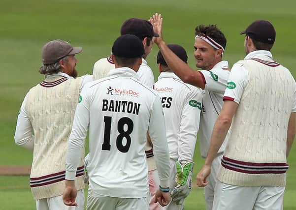 Jack Brooks: Celebrates taking a wicket for Somerset on return to Yorkshire. (Picture: John Clifton/SWpix.com)