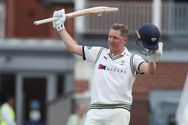 Yorkshire's Gary Ballance celebrates after reaching his century against Somerset. (Picture: John Clifton/SWpix.com)