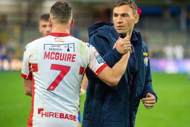 Danny McGuire and Kevin Sinfield at full-time after Hull KR beat 
Leeds Rhinos on Friday to leave the Rhinos' in relegation danger. (
Picture: Bruce Rollinson)