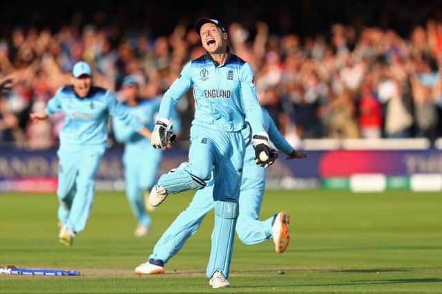 Jos Buttler starts the celebrations for England after beating New Zealand in the World Cup Final at Lord's. Picture: Michael Steele/Getty Images